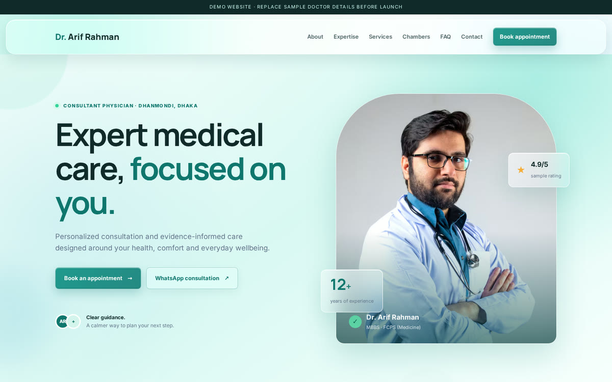 Doctor portfolio website hero section: Expert medical care, focused on you